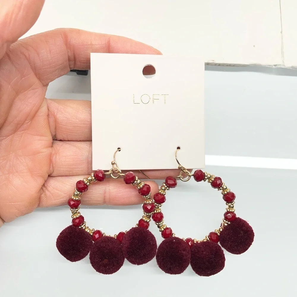 LOFT Maroon Pom Pom Hoop Earrings - Picture 1 of 4